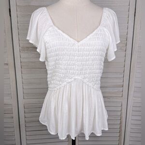 JAPNA White Smocked Flutter Sleeve Boho Blouse-Large